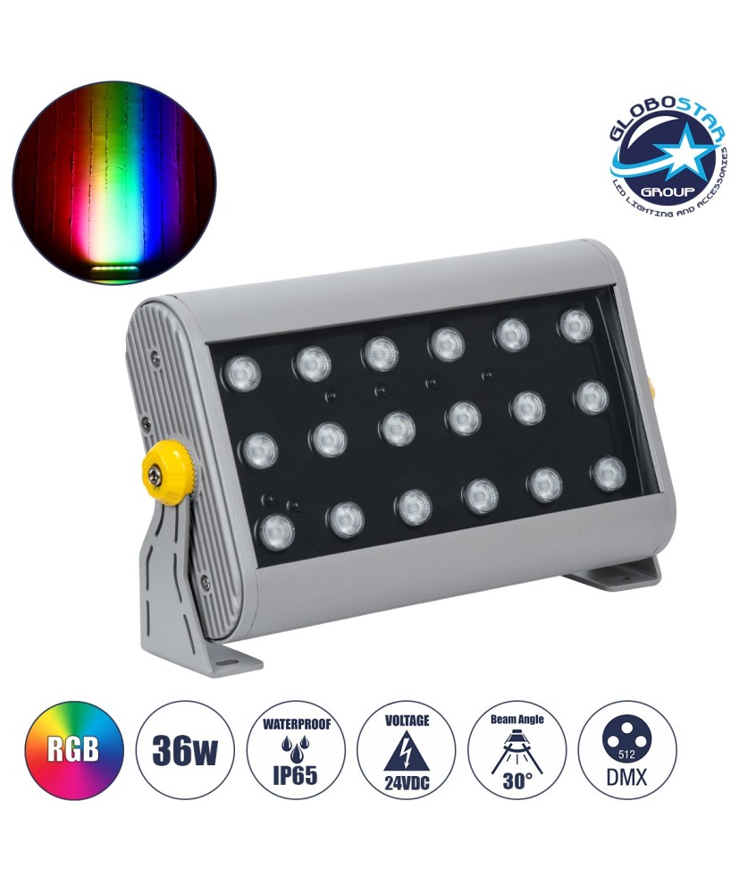 GLOBOSTAR® FLOODHENA 90642 Προβολέας Σποτ Wall Washer LED 36W 2880lm 30° DC 24V Αδιάβροχο IP65 Πολύχρωμο RGB Dimmable DMX512 - Bridgelux SMD Chip - Γκρι Ανθρακί - Μ30 x Π6 x Υ17cm - 3 Χρόνια Εγγύηση